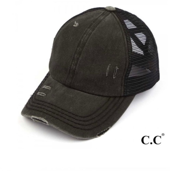 C.C Black Distressed Ponytail Criss Cross Ball Cap. NWOT - Picture 1 of 3